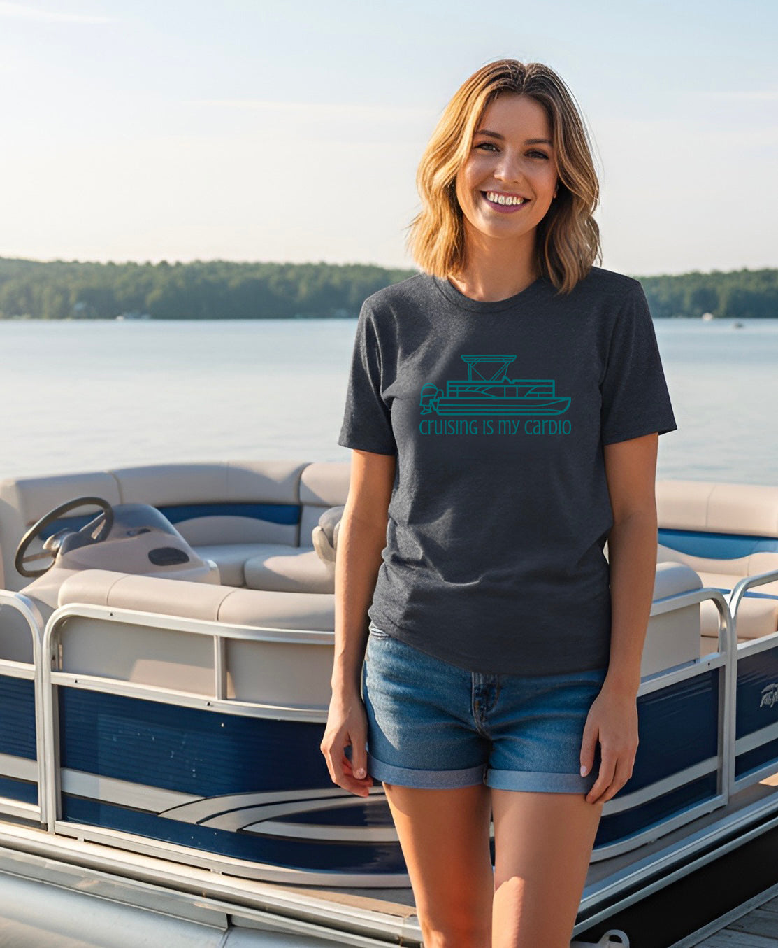 "Cruising is My Cardio” Short Sleeve Tee – Retro Pontoon Boat Bella + Canvas Soft Unisex Tee