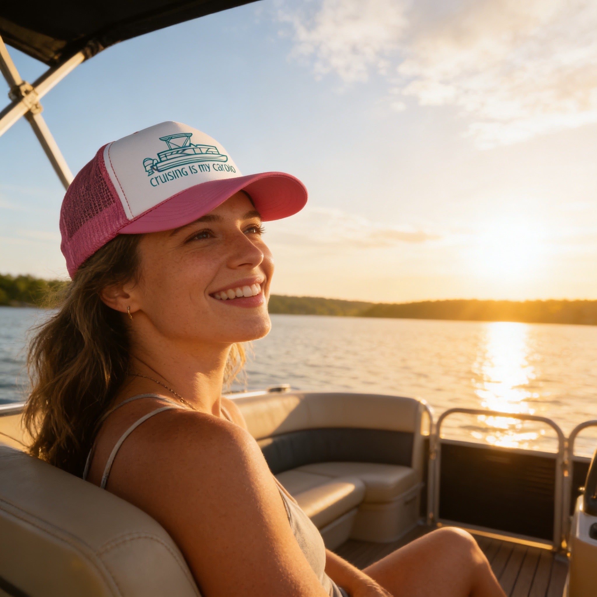 "Cruising Is My Cardio" Trucker Hat — Retro Pontoon Boat Foam Trucker