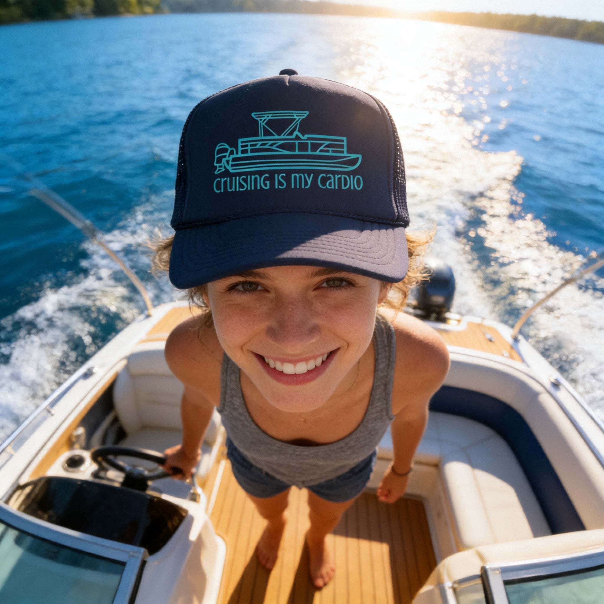 "Cruising Is My Cardio" Trucker Hat — Retro Pontoon Boat Foam Trucker