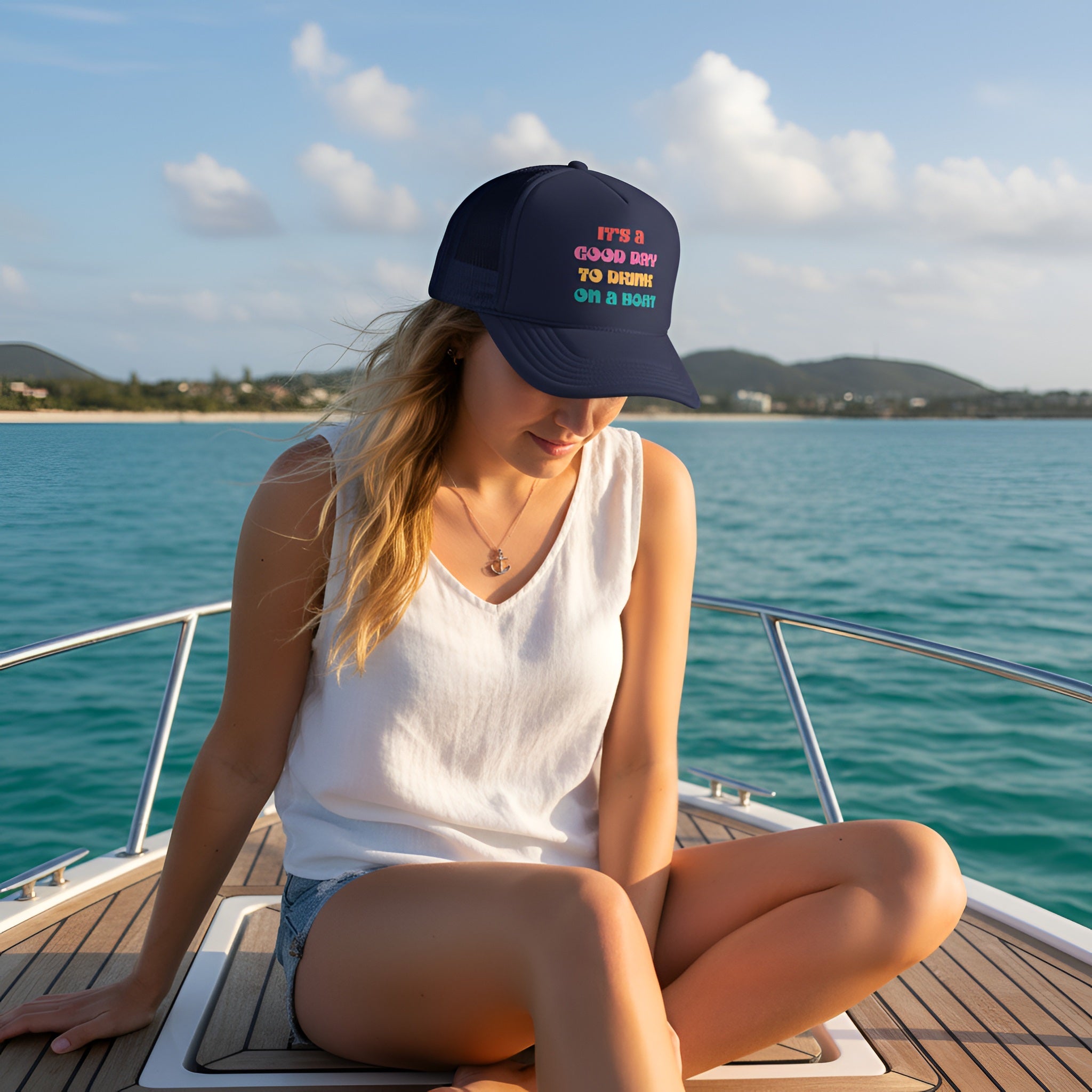 "It's a Good Day to Drink on a Boat" Trucker Hat — Retro Foam Trucker